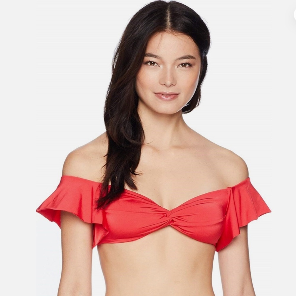 Trina Turk Red Ruffle Sleeve Bandeau Bikini Top Off Shoulder Swim Size 6 NWT - Picture 5 of 6